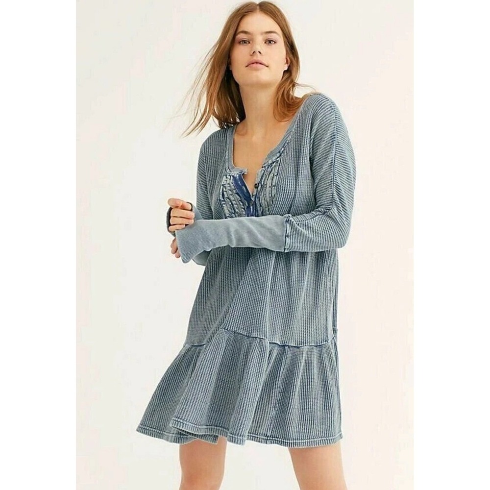 Free People FP One Dress Jolene Thermal Mini Dress Waffle‎ Blue Size  XS - Picture 3 of 7